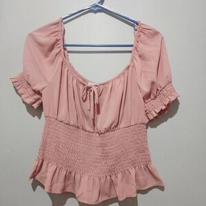 NWT Love Tree Women Pink Cute Cropped Smock Top Pink Top Blouse Size L
